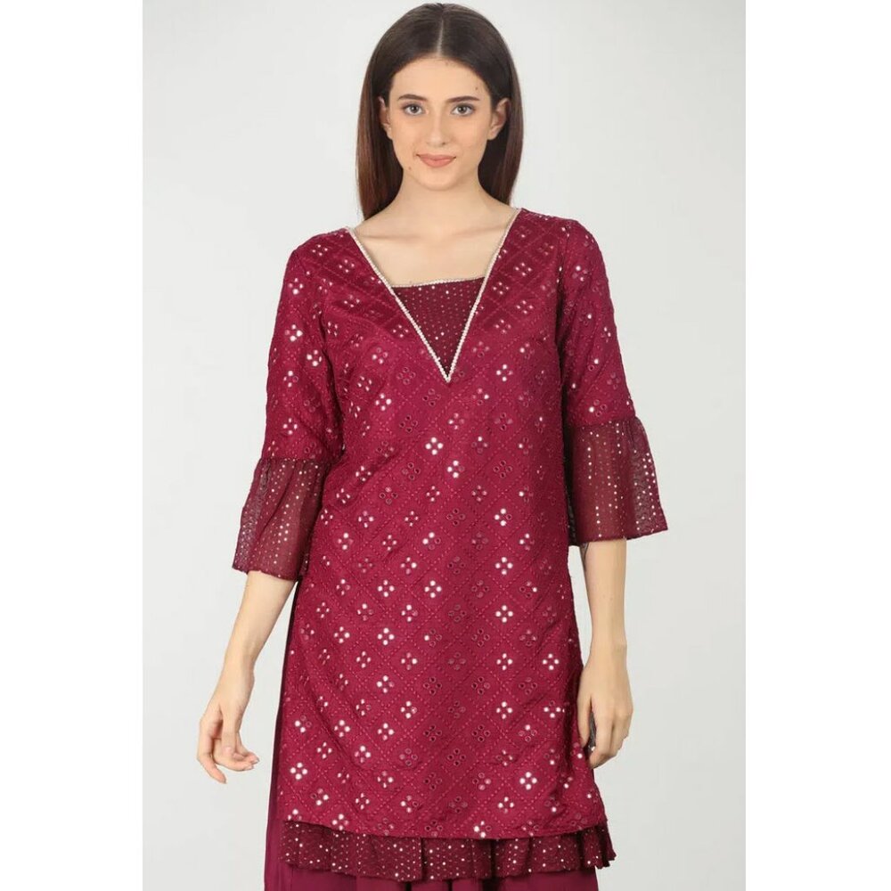 Mustard Women Wine Embellished V-neck Kurti Sz 6XL